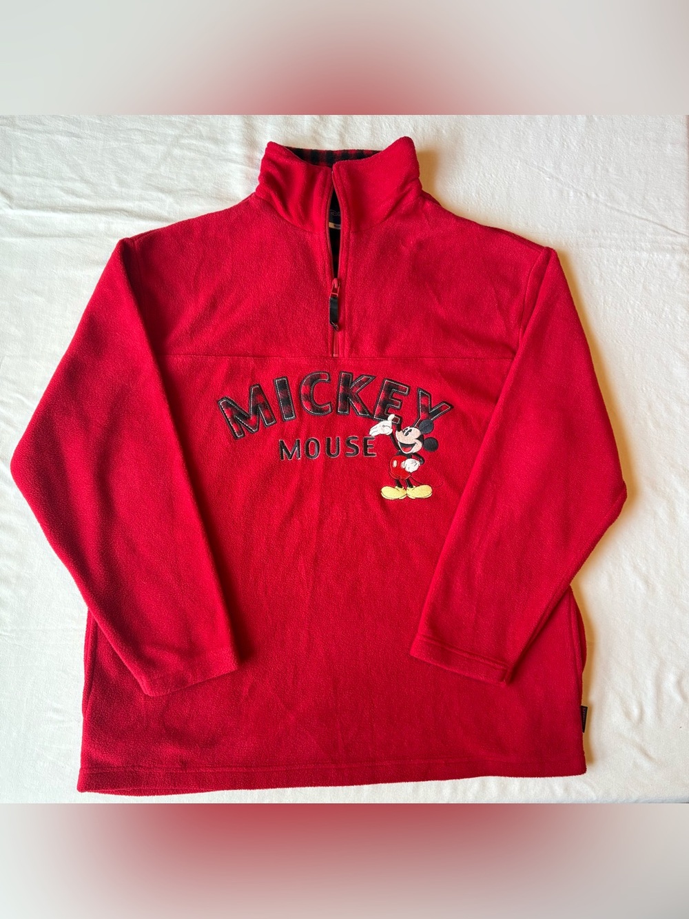 Disney Mickey Mouse Women’s Red Plaid Trim Fleece 1/4 Zip Pullover Sweatshirt